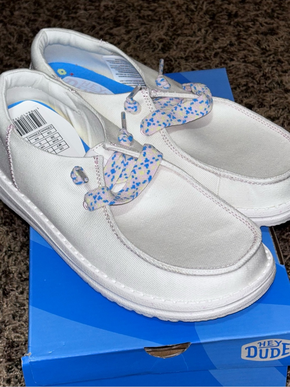 Hey Dude Women Wendy Funk Friendship Lace Canvas Loafer White/Pink/Blue Shoes 7